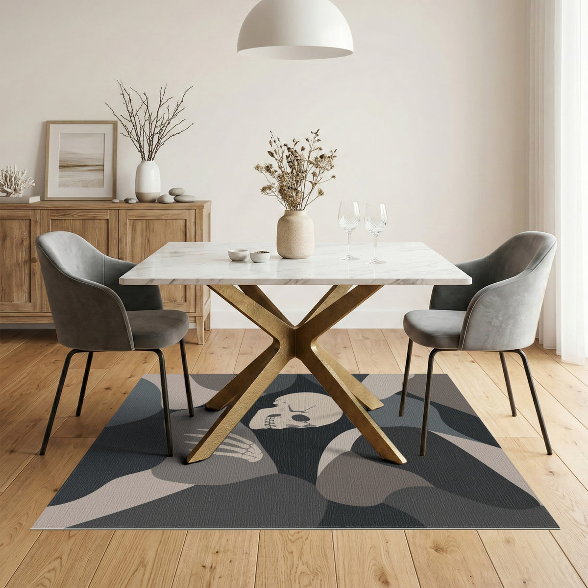 Grey Abstract Skull Skeleton Area Rug