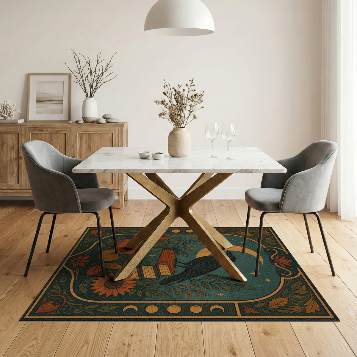 Raven Books Pumpkin Teal Area Rug