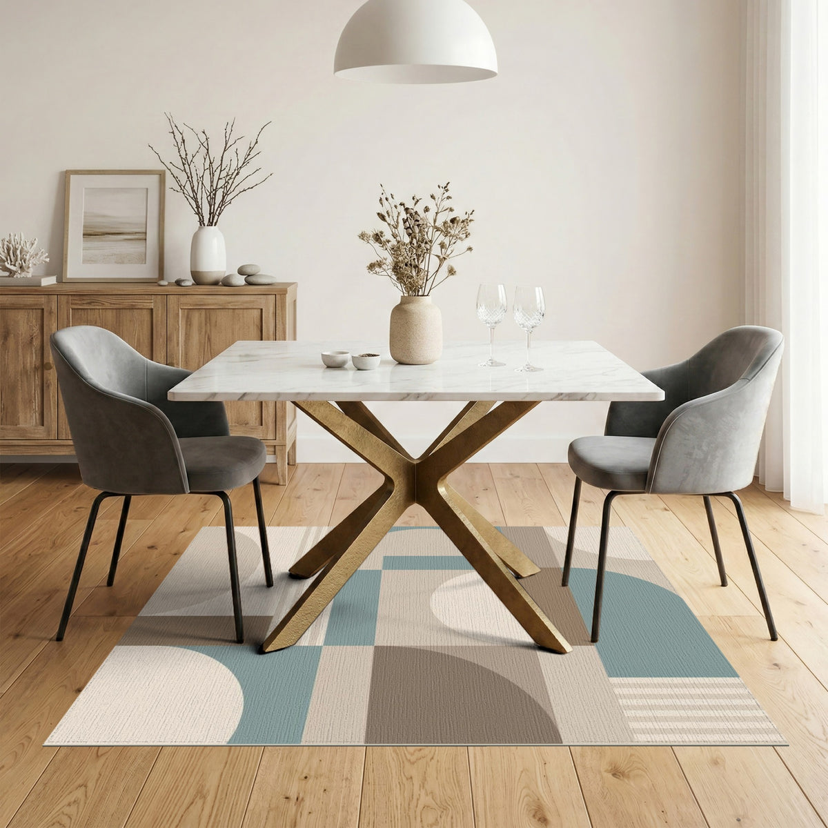 Geometric Beige Teal Modern Area Rug
