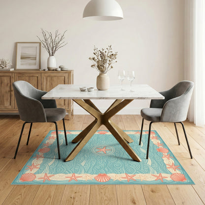 Blue Teal Coastal Starfish Wave Area Rug