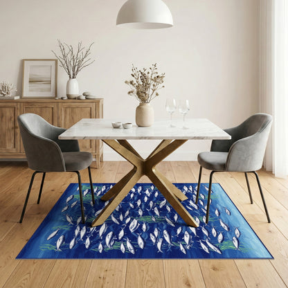 Blue Ocean Fish School Washable Area Rug