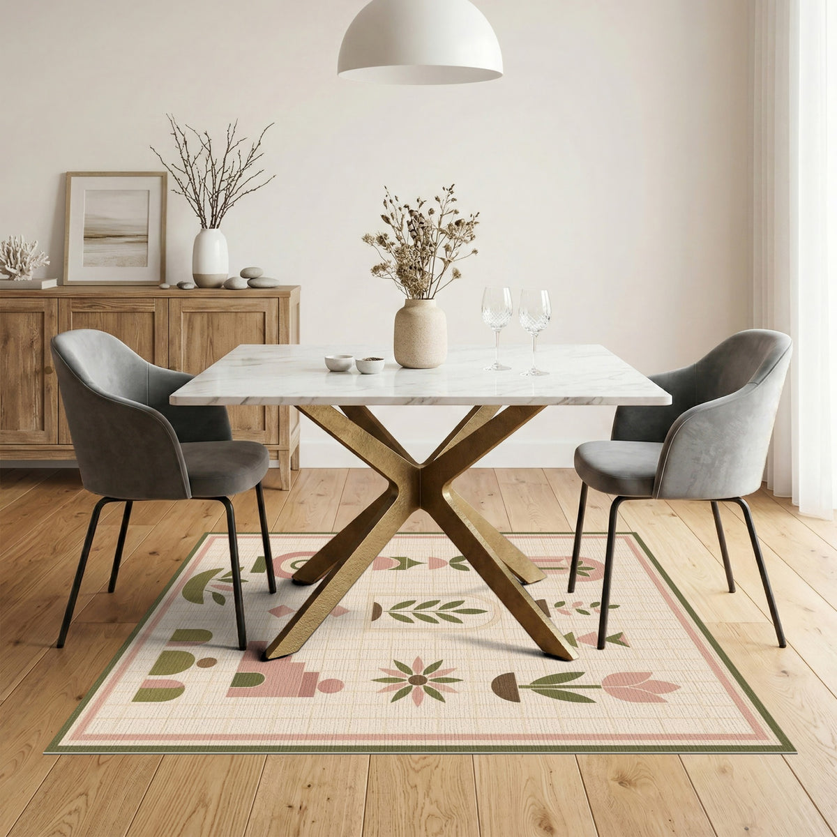 Blush Pink Geometric Plant Motif Area Rug