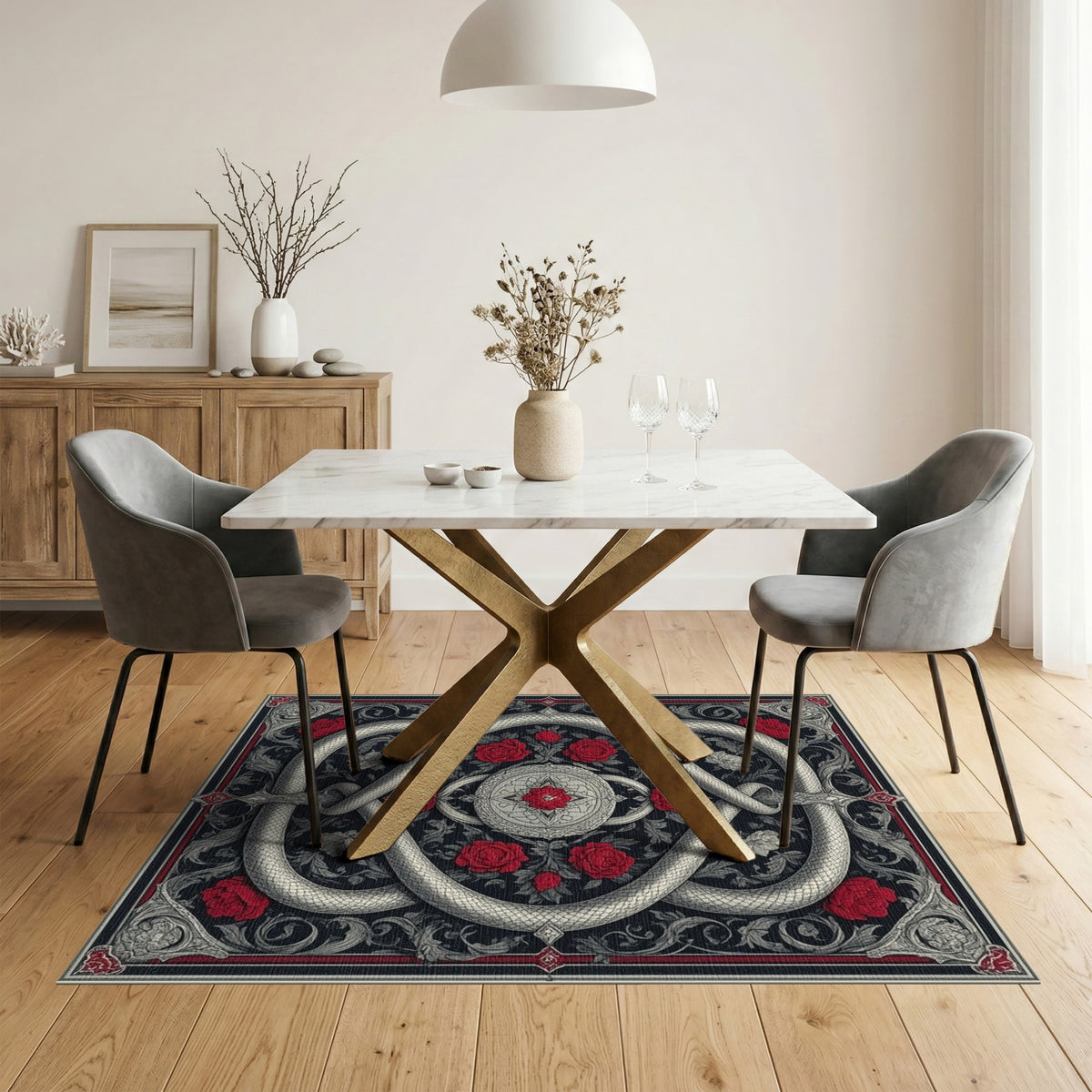 Silver Serpent Red Rose Area Rug