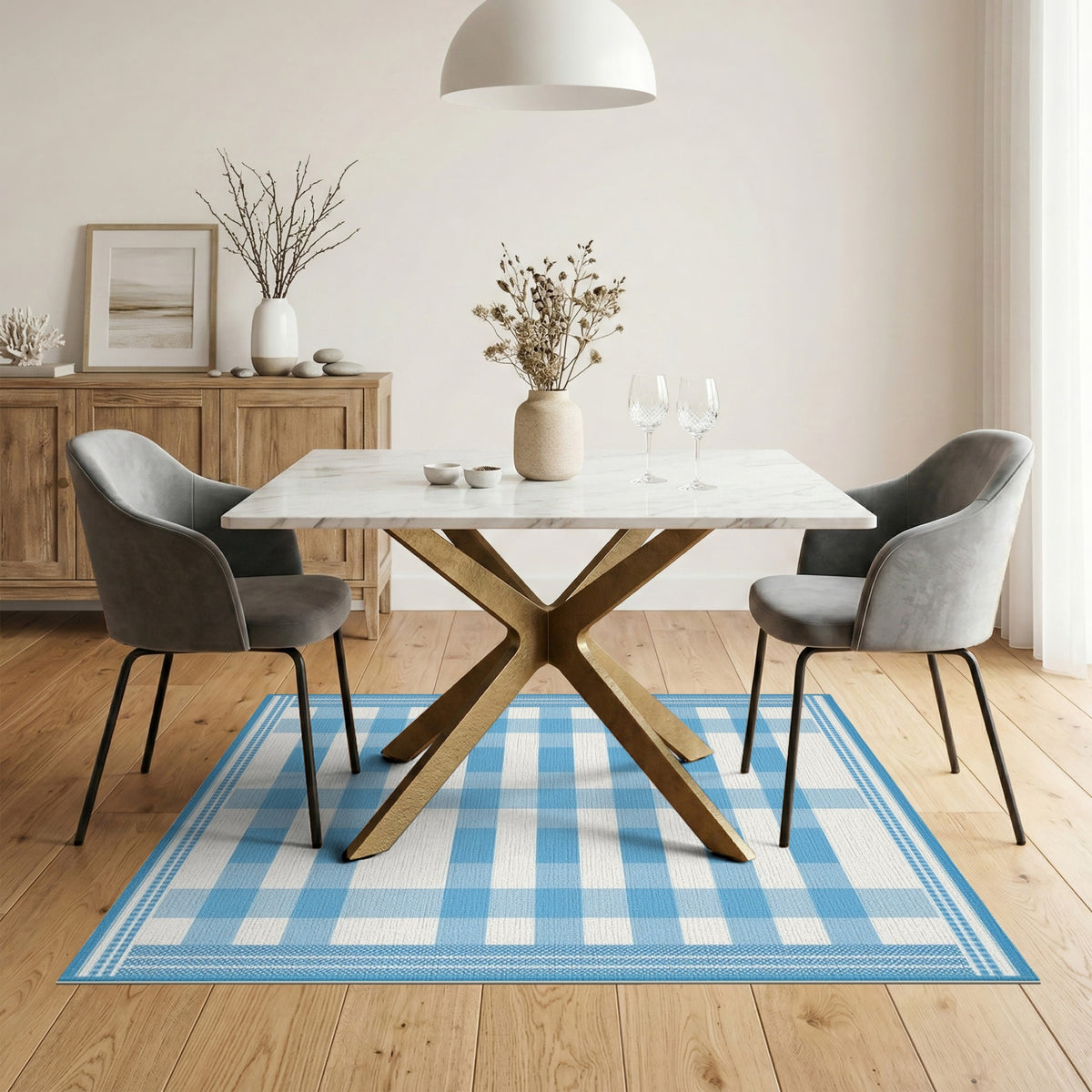 Coastal Beach Blue Gingham Checkered Washable Area Rug