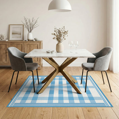 Coastal Beach Blue Gingham Checkered Washable Area Rug