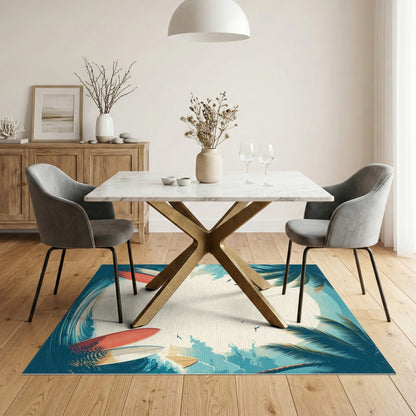 Blue and Teal Coastal Beach Surfboard Washable Area Rug