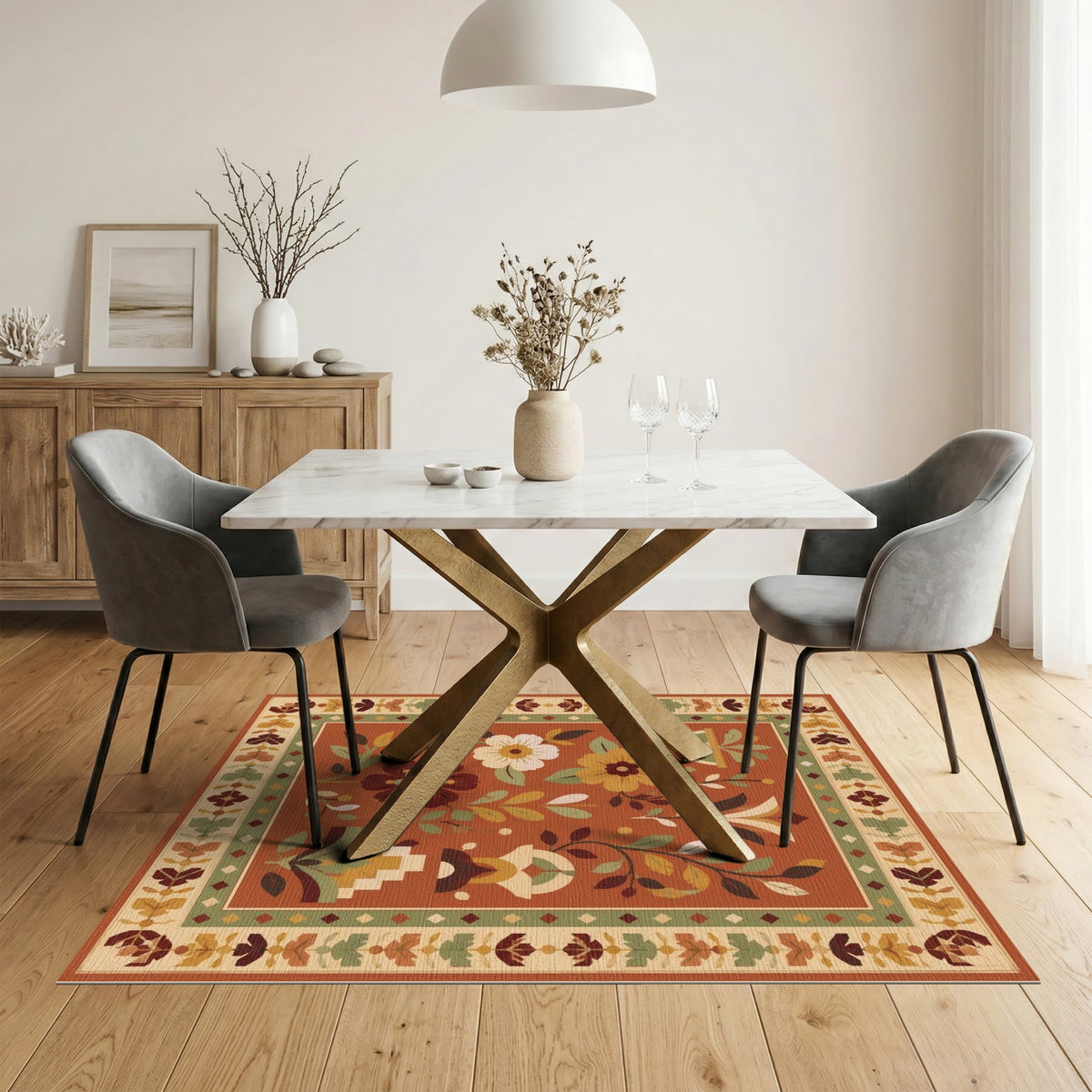 Orange Terracotta Floral Vintage Area Rug