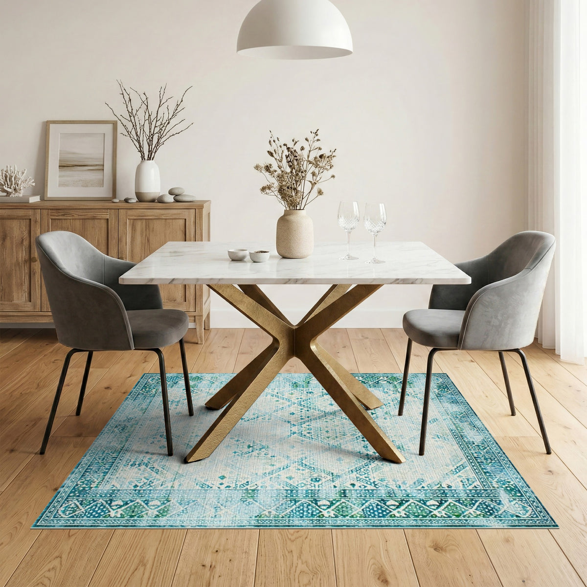 Distressed Blue Teal Vintage Geometric Area Rug