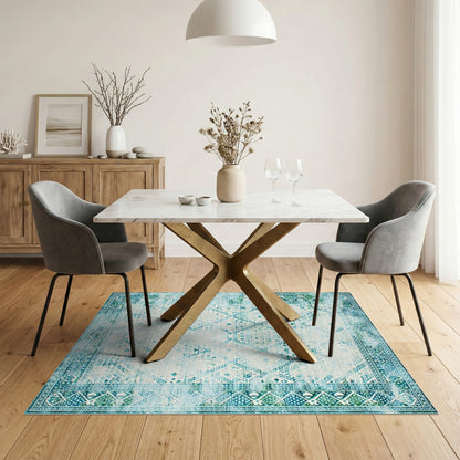 Distressed Blue Teal Vintage Geometric Area Rug