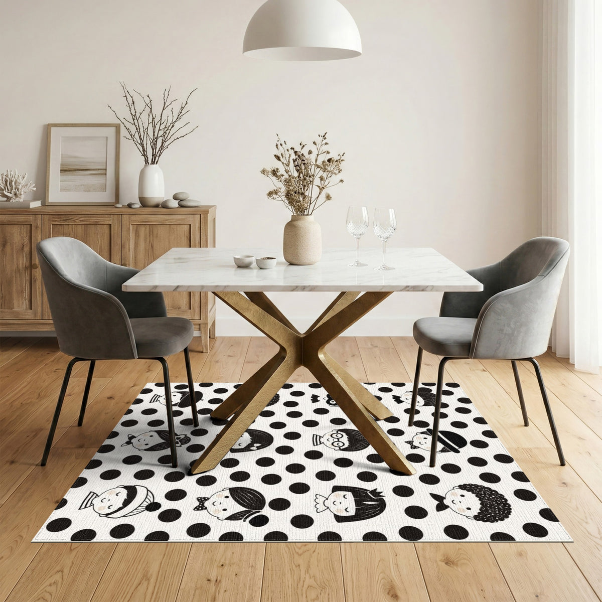 Black White Kids Cartoon Faces Washable Area Rug