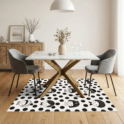 Black White Kids Cartoon Faces Washable Area Rug