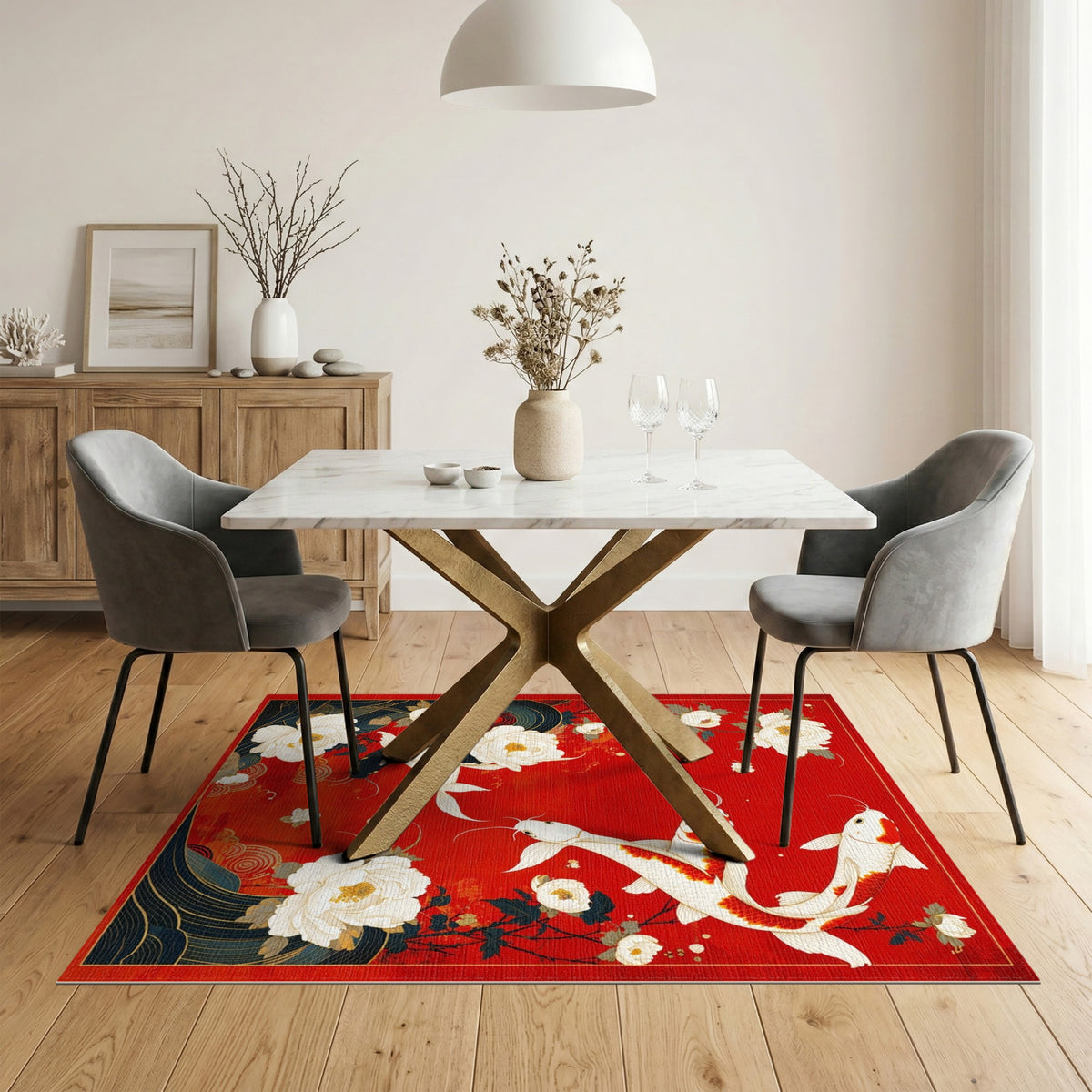 Red Koi Peony Floral Washable Area Rug