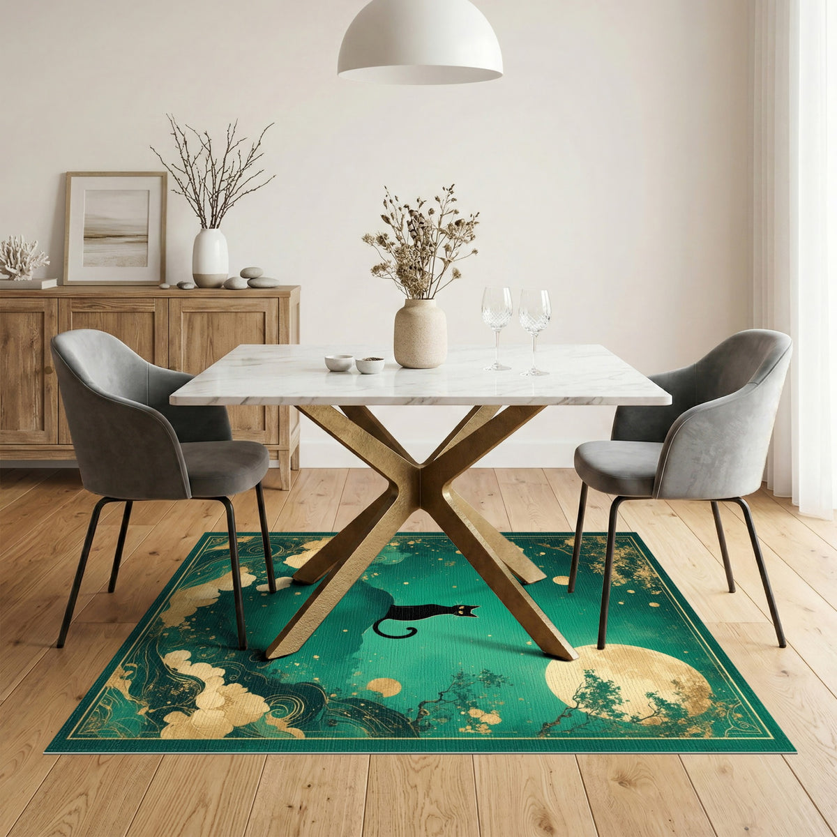 Black Cat Moon Teal Area Rug