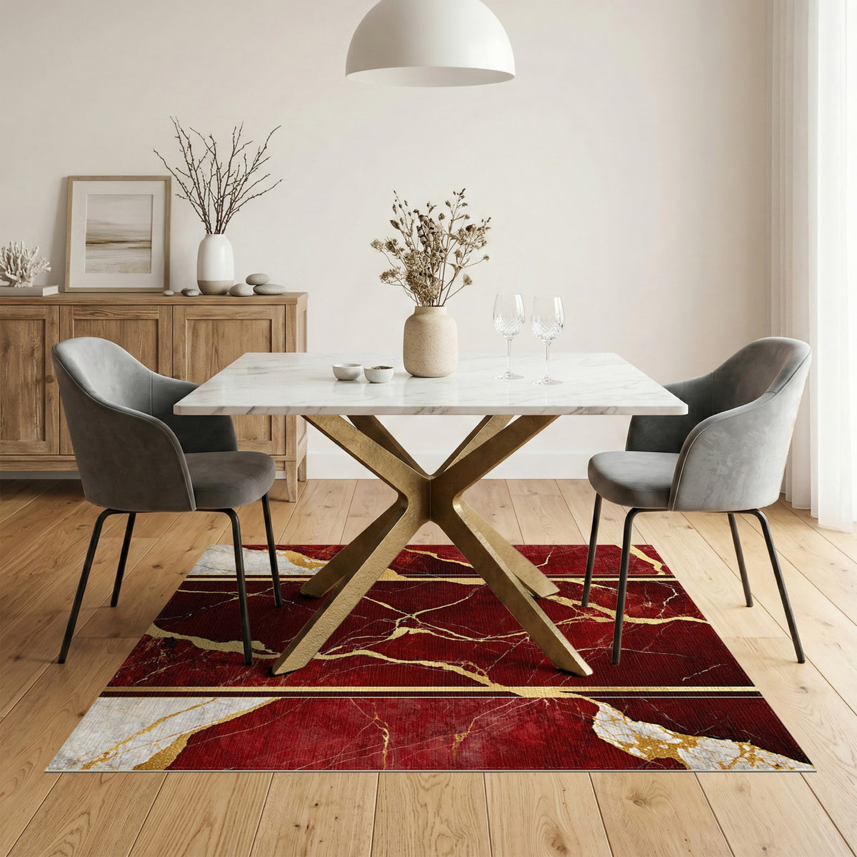 Red Gold Marble Vein Area Rug