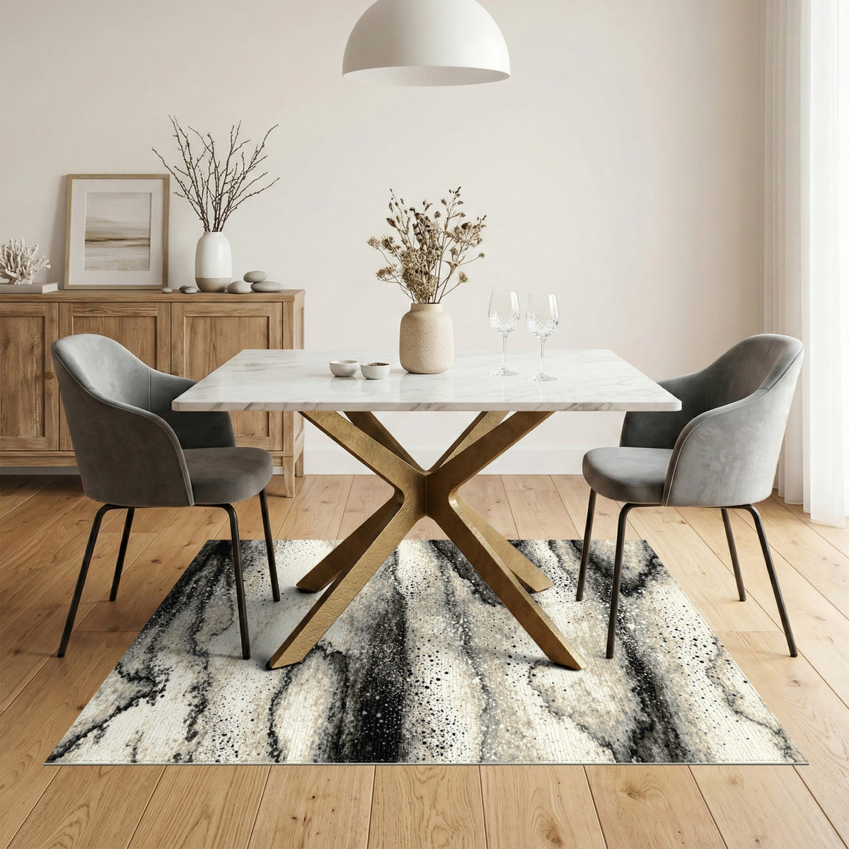 Black White Abstract Marble Area Rug