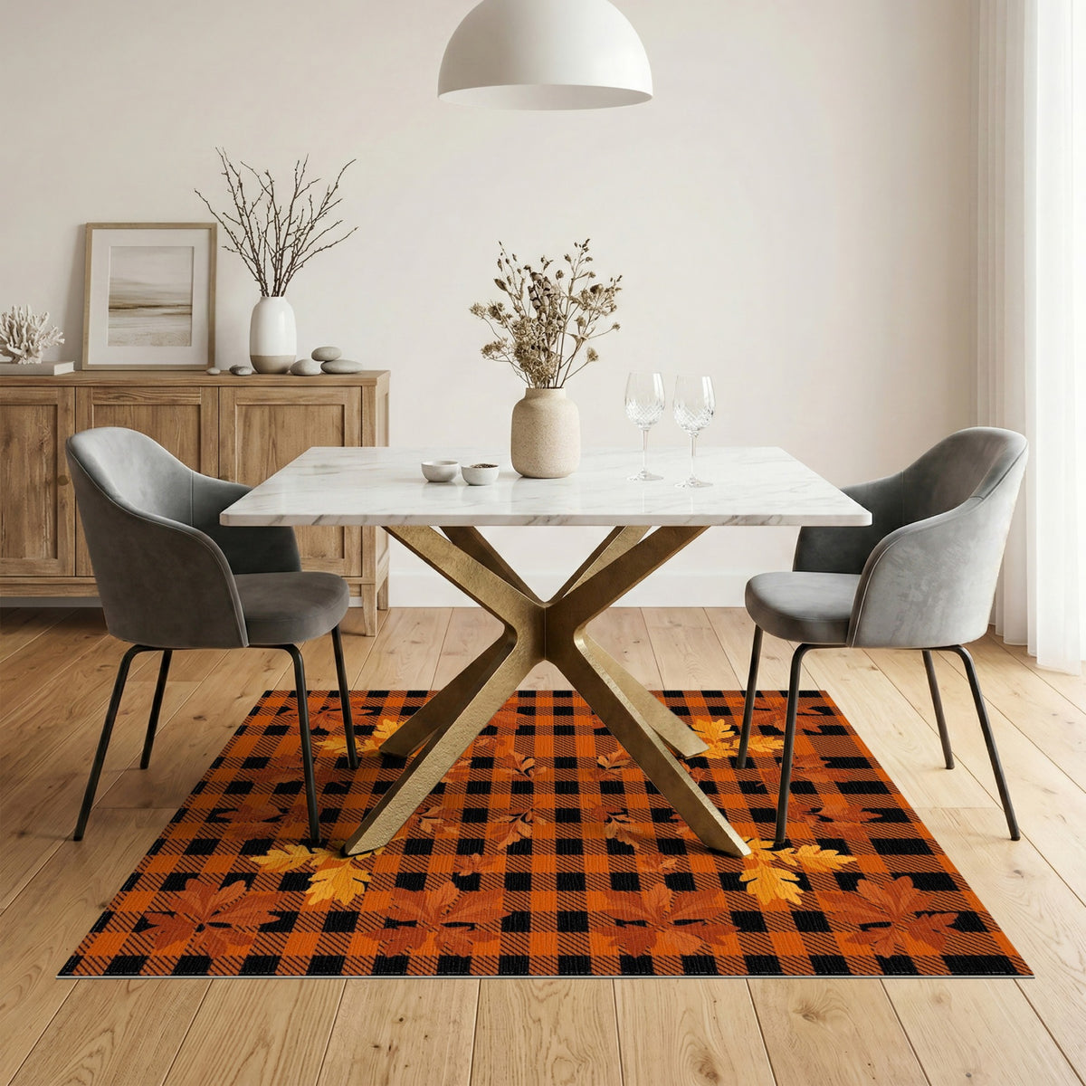 Orange Black Plaid Autumn Leaves Area Rug