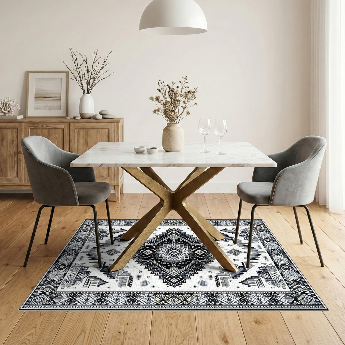 Black White Heritage Tribal Area Rug