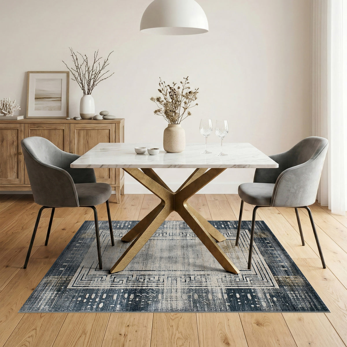 Grey Distressed Vintage Area Rug with Greek Key Border