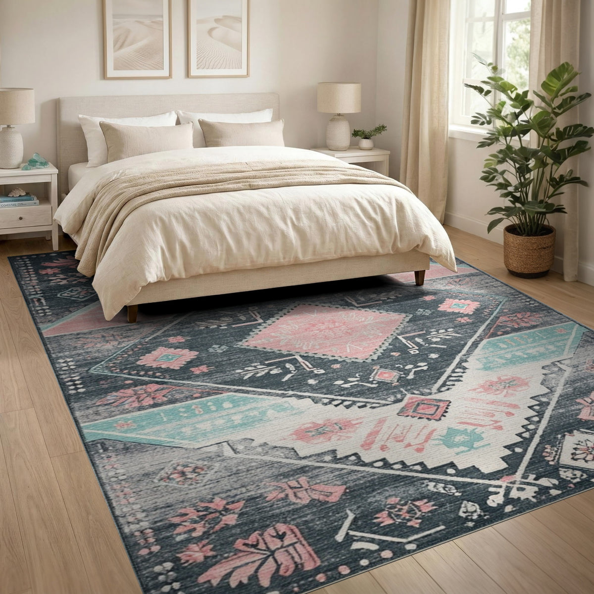 Grey Pink Tribal Area Rug