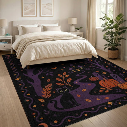 Midnight Cat Pumpkin Halloween Washable Area Rug