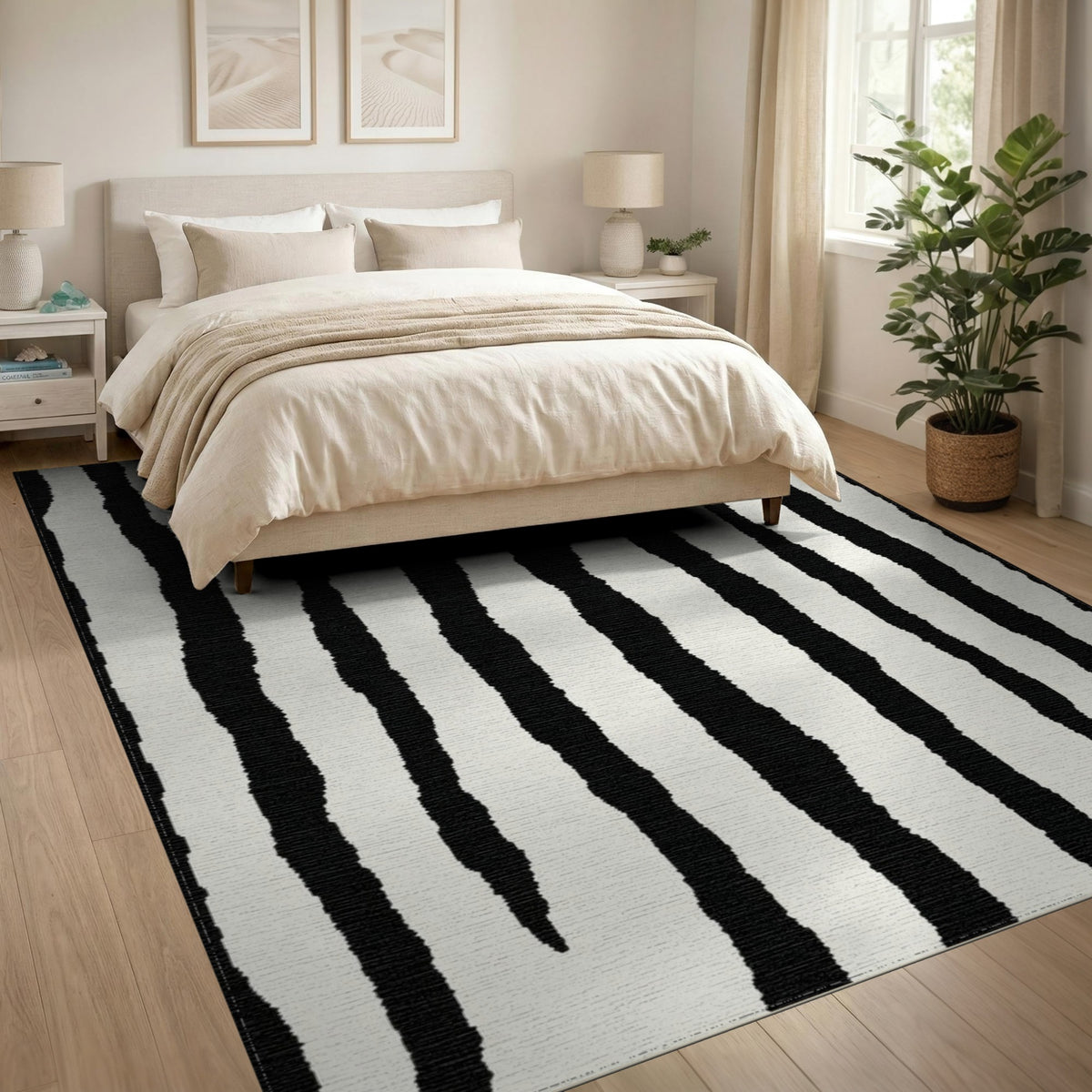 Bold Black White Abstract Striped Area Rug
