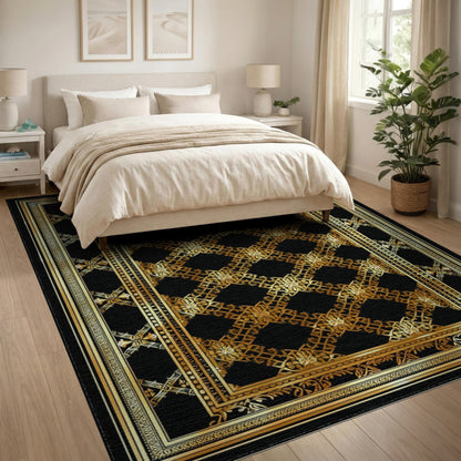 Gold and Silver Black and Gold Ornate Persian Area Rug