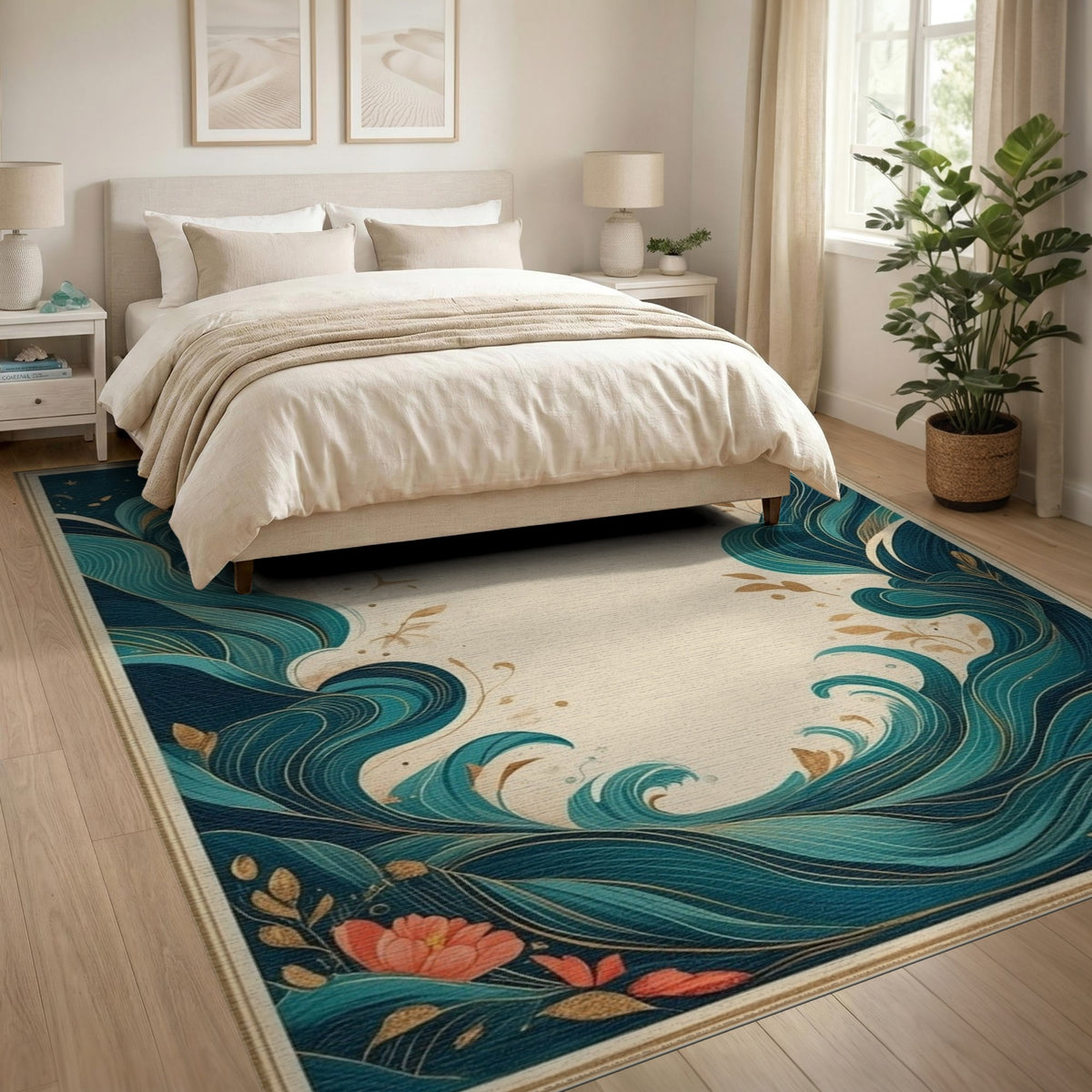 Teal Wave Coastal Floral Area Rug