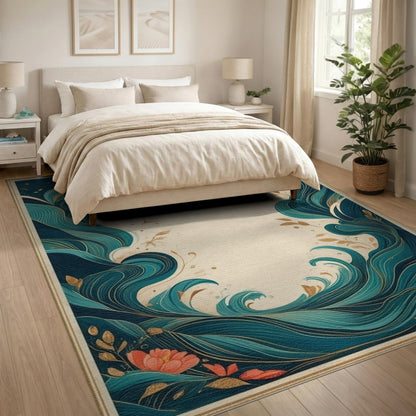 Teal Wave Coastal Floral Area Rug