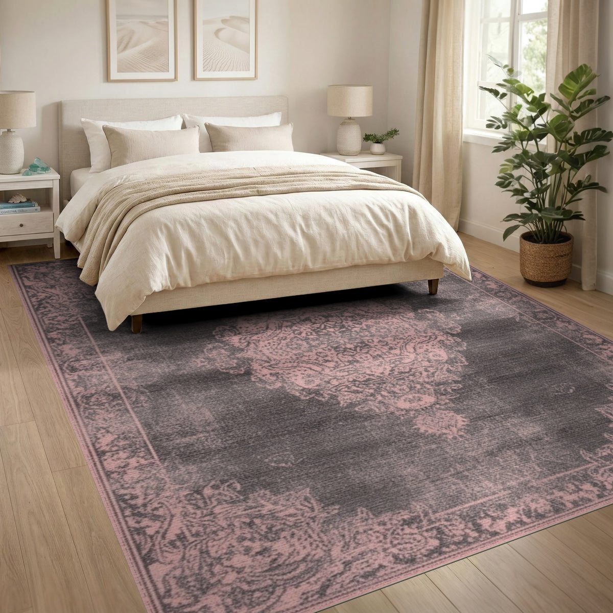 Pink Distressed Vintage Medallion Area Rug