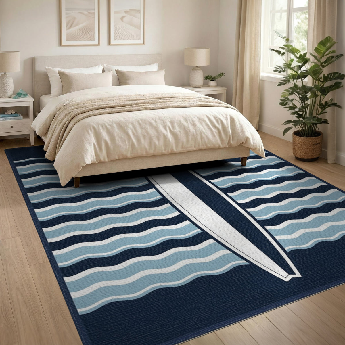 Coastal Surfboard Blue Waves Area Rug