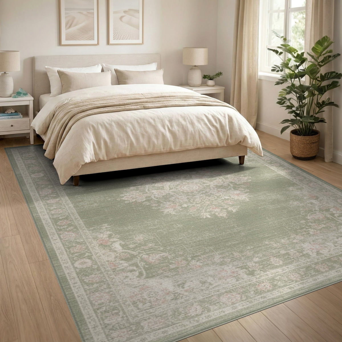 Sage Green Floral Vintage Medallion Area Rug