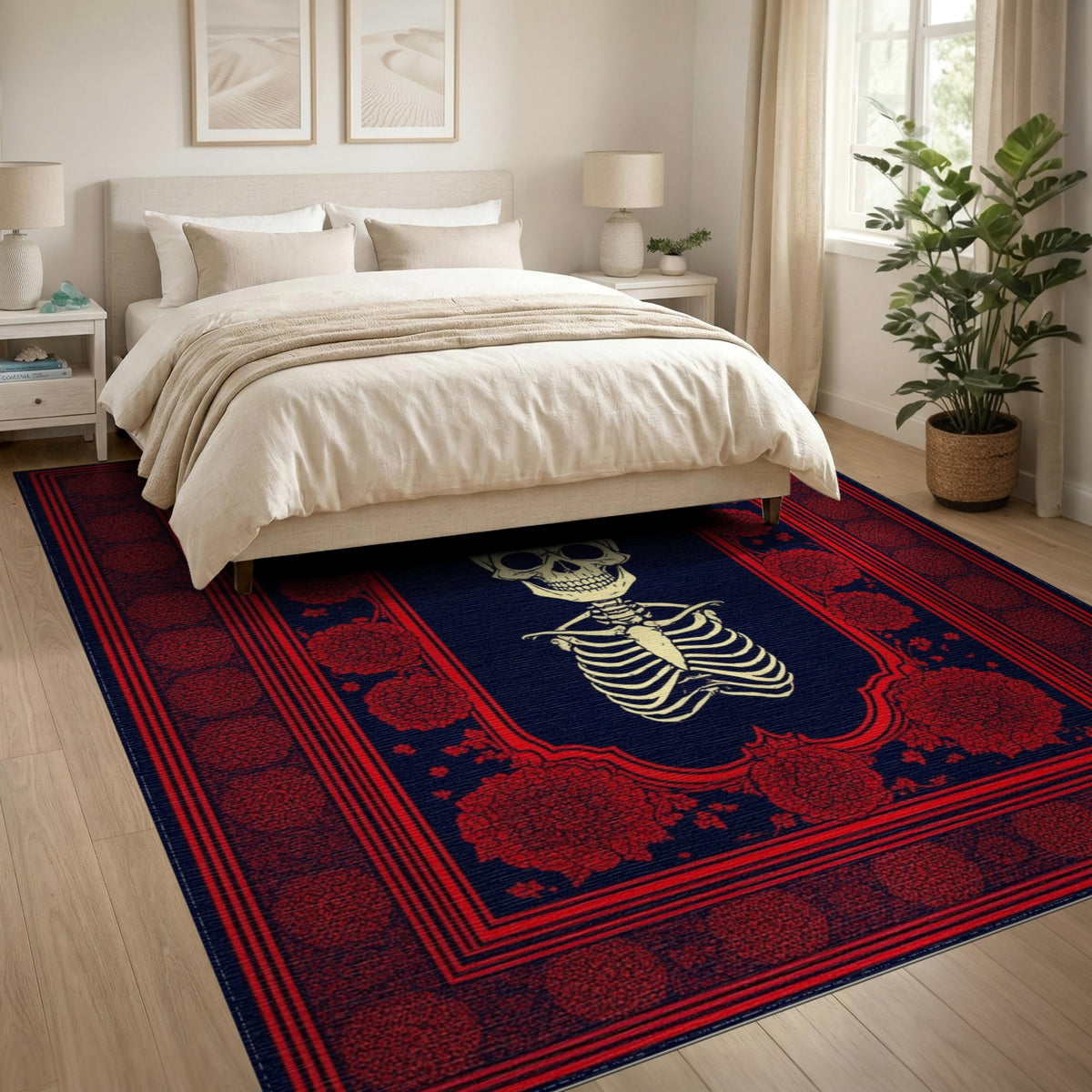 Red Floral Skeleton Area Rug