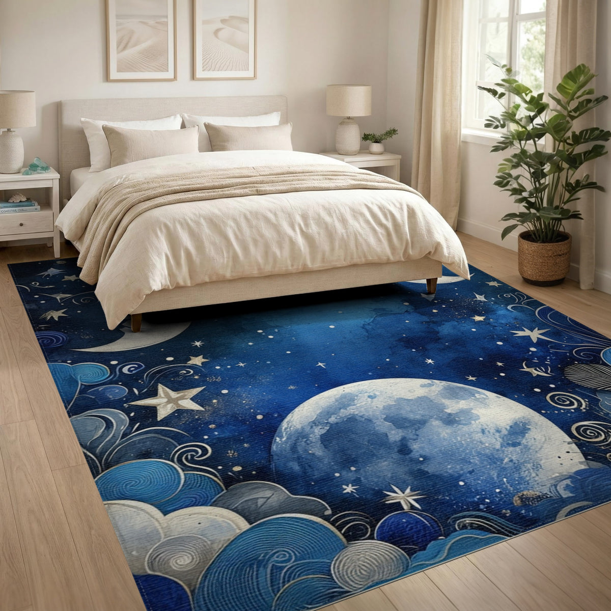 Celestial Moonlit Sky Blue Area Rug