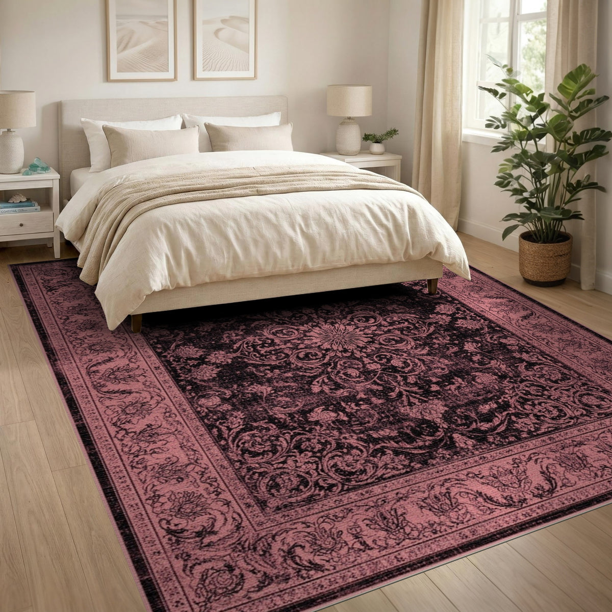 Pink Distressed Vintage Floral Area Rug