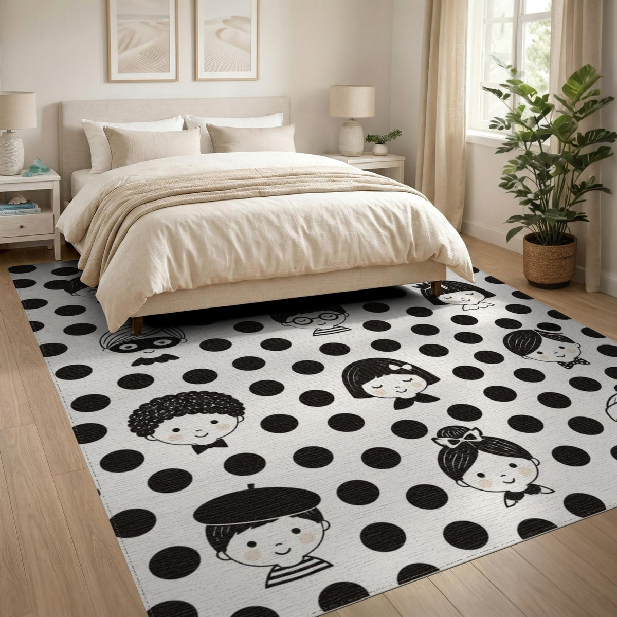 Black White Kids Cartoon Faces Washable Area Rug