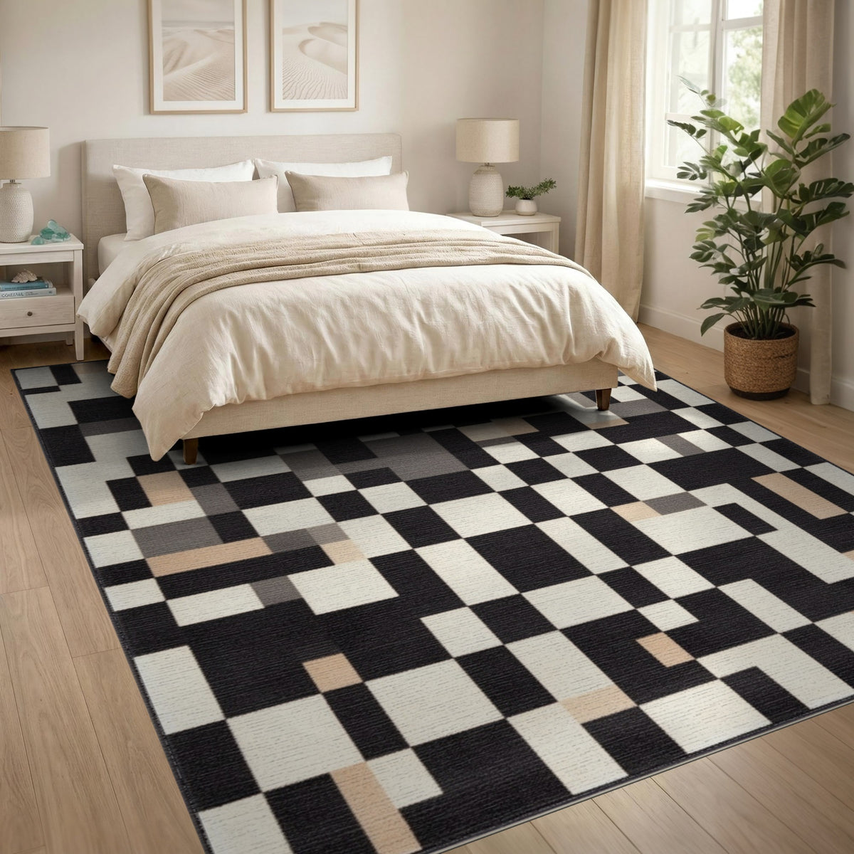 Black and White Black White Geometric Pixel Area Rug