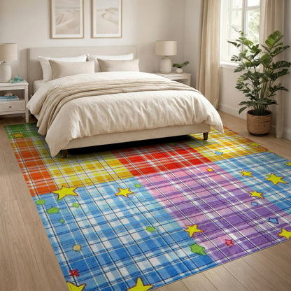 Rainbow Plaid Star Kids Area Rug