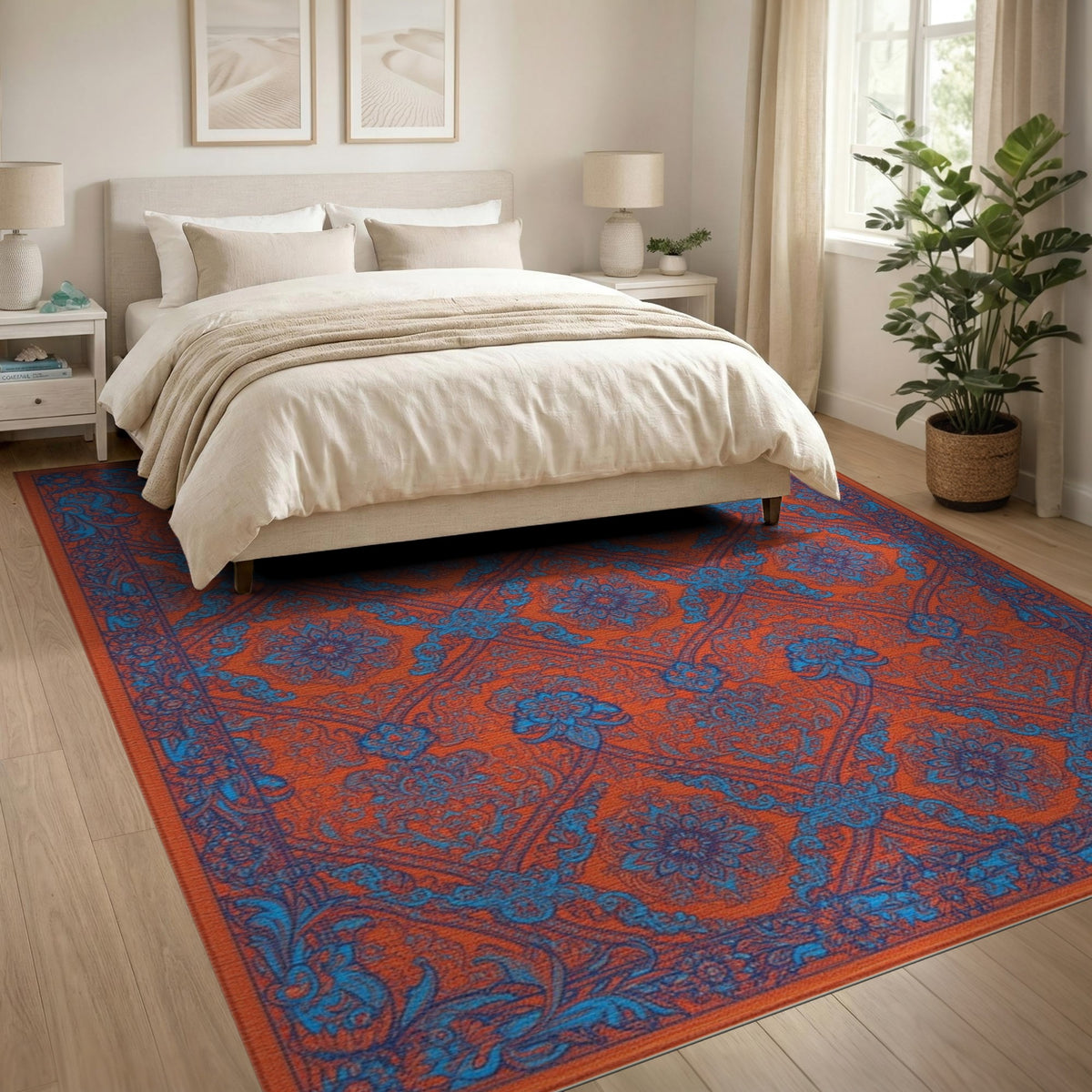 Orange Vibrant Orange Blue Persian Floral Area Rug