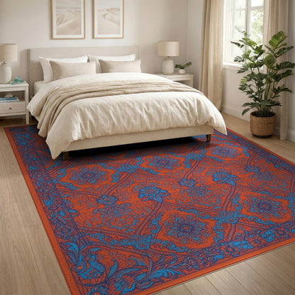 Orange Vibrant Orange Blue Persian Floral Area Rug