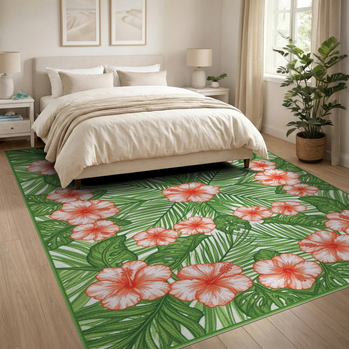 Multi-color and Patterns Red Hibiscus Floral Area Rug