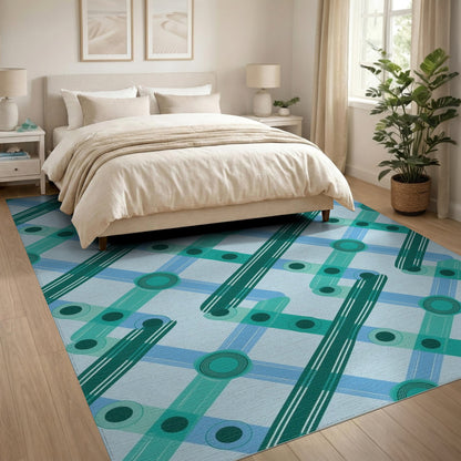 Teal Lattice Geometric Washable Area Rug