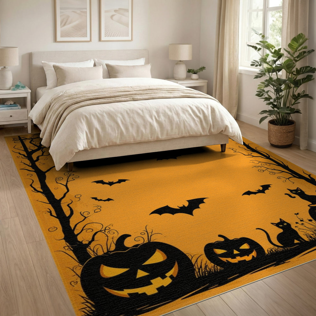 Spooky Orange Halloween Pumpkins Bats Area Rug