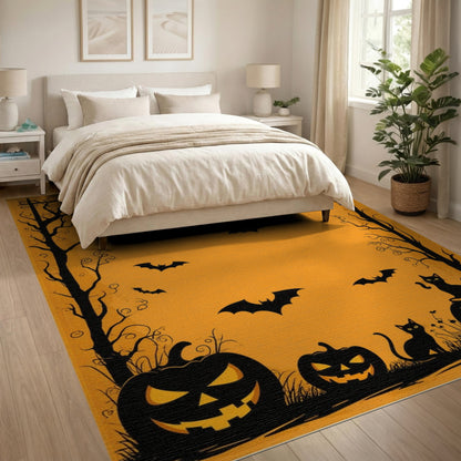 Spooky Orange Halloween Pumpkins Bats Area Rug