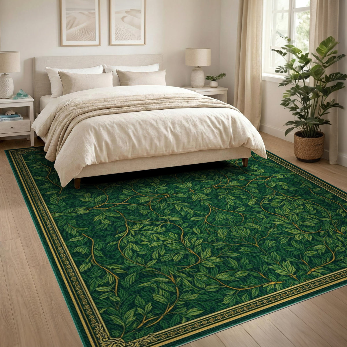 Lush Green Vine Leaf Floral Vintage Area Rug