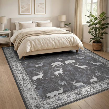 Grey Deer Bear Wildlife Area Rug