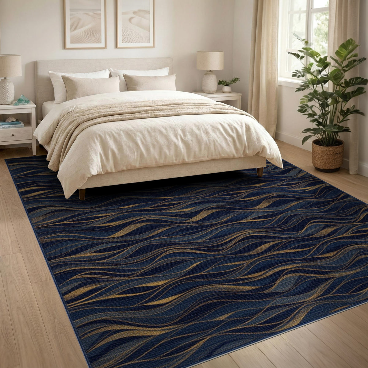 Abstract Area Navy Gold Wave Abstract Area Rug