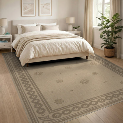 Beige Neutral Persian Floral Border Area Rug