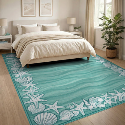 Blue and Teal Seashell Starfish Coastal Area Rug