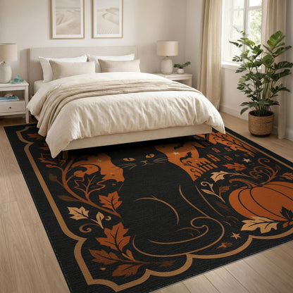 Distressed Vintage Orange Black Cat Pumpkin Halloween Area Rug