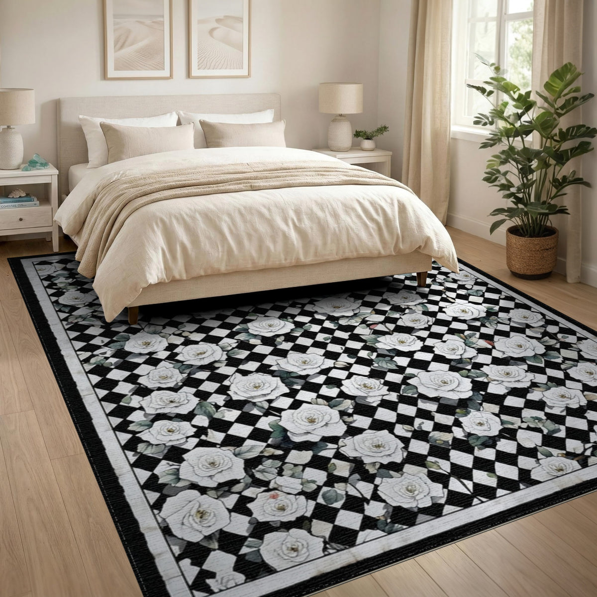 Black and White Black White Rose Checkered Area Rug
